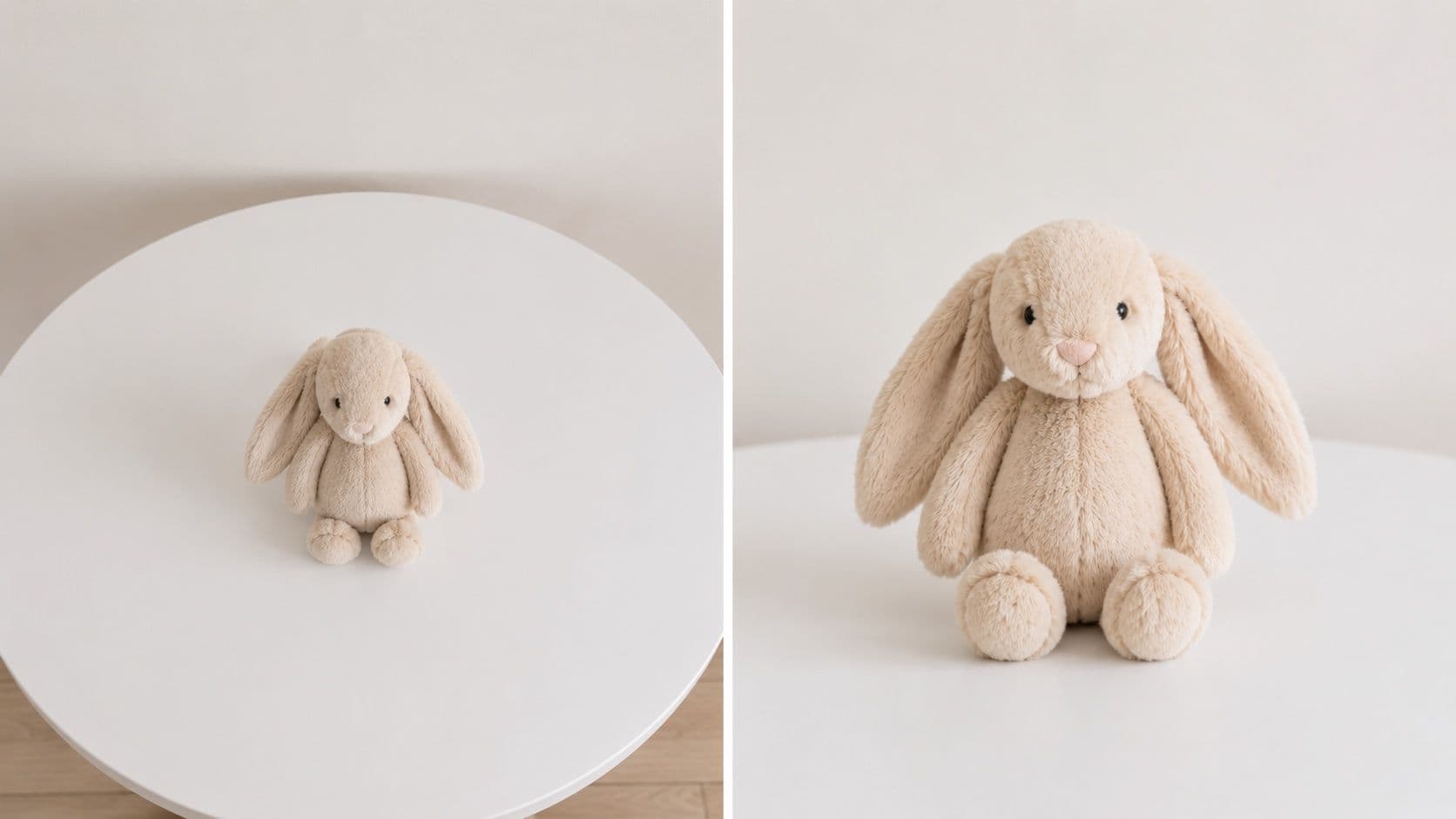 同じうさぎのぬいぐるみを白いテーブルの同じ場所で撮影した2枚の比較画像。左は見下ろし視点で小さく見える構図、右はぬいぐるみの目線の高さから撮影した主役感のある構図