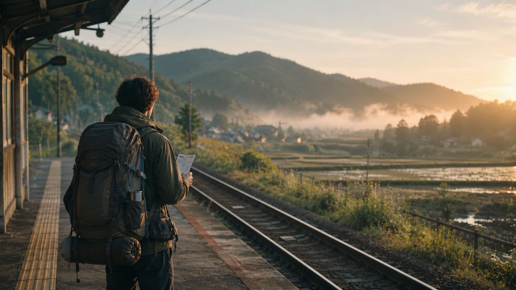 夜明けのローカル駅のホームで、大きなバックパックを背負った旅人が地図を見ながら遠くの山並みを眺めている後ろ姿