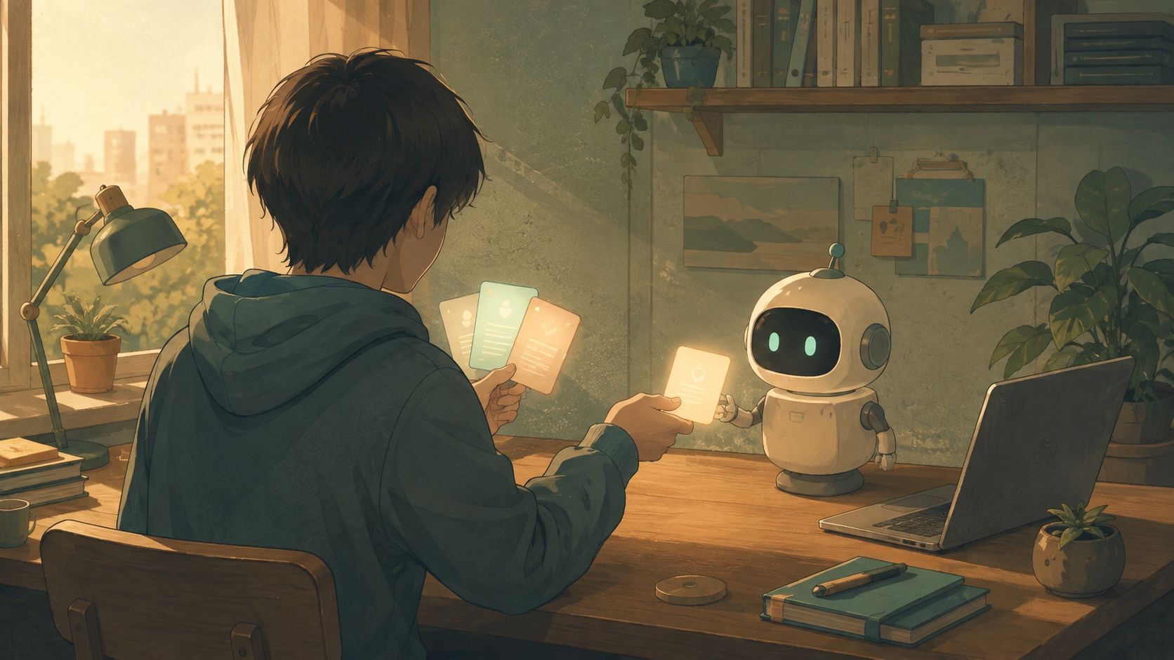 机に向かう人が、手元に残した複数のタスクカードのうち1枚を、机の上の小さなロボットに手渡している後ろ姿のイラスト