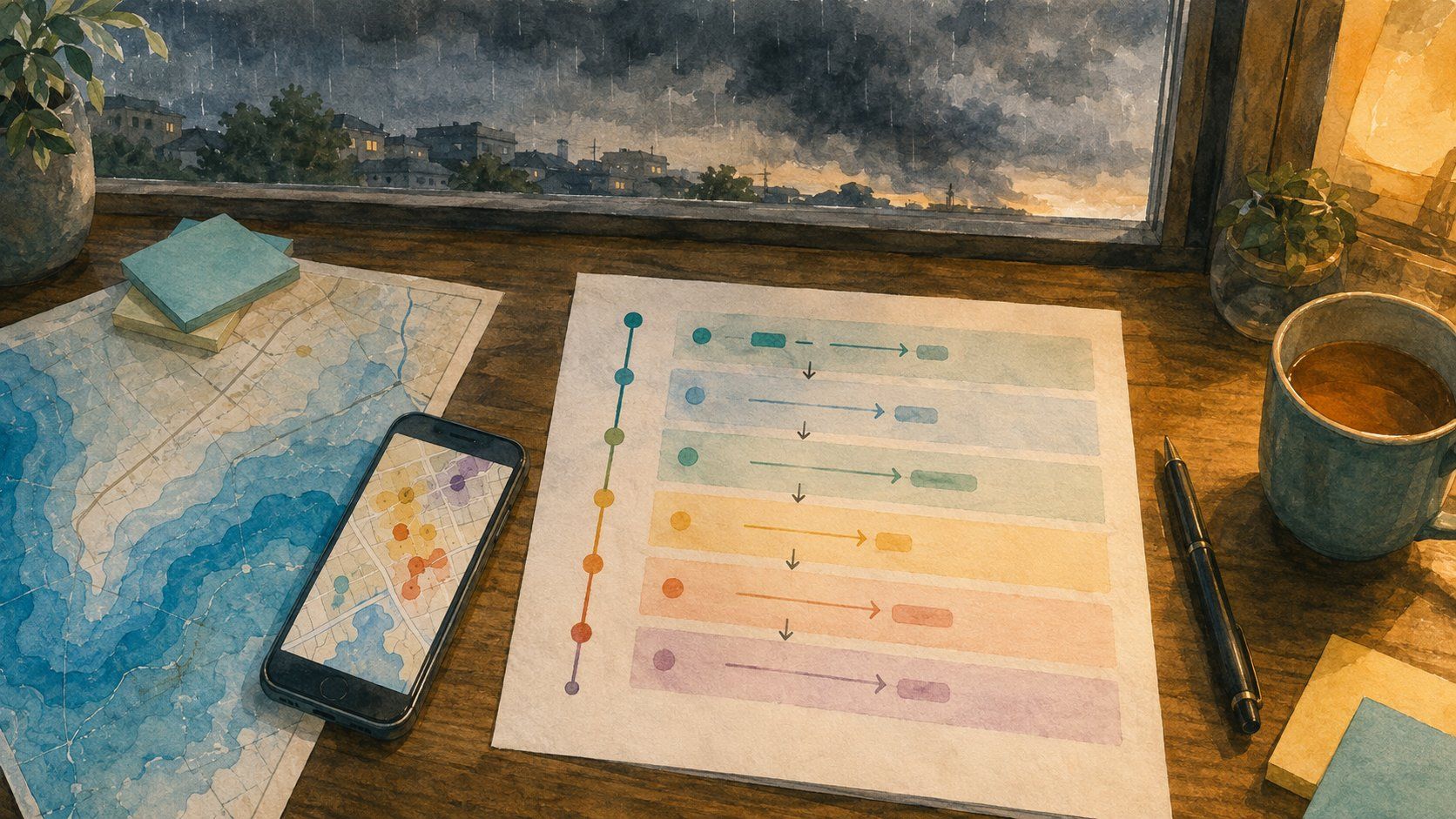 夕暮れの机の上に、色分けされた段階ごとの行動を描いた手書きのタイムライン用紙と、青いグラデーションのハザードマップ、危険度を色で示す地図を表示したスマートフォンが並ぶ水彩イラスト。窓の外には雨を降らせる暗い雲が迫っている