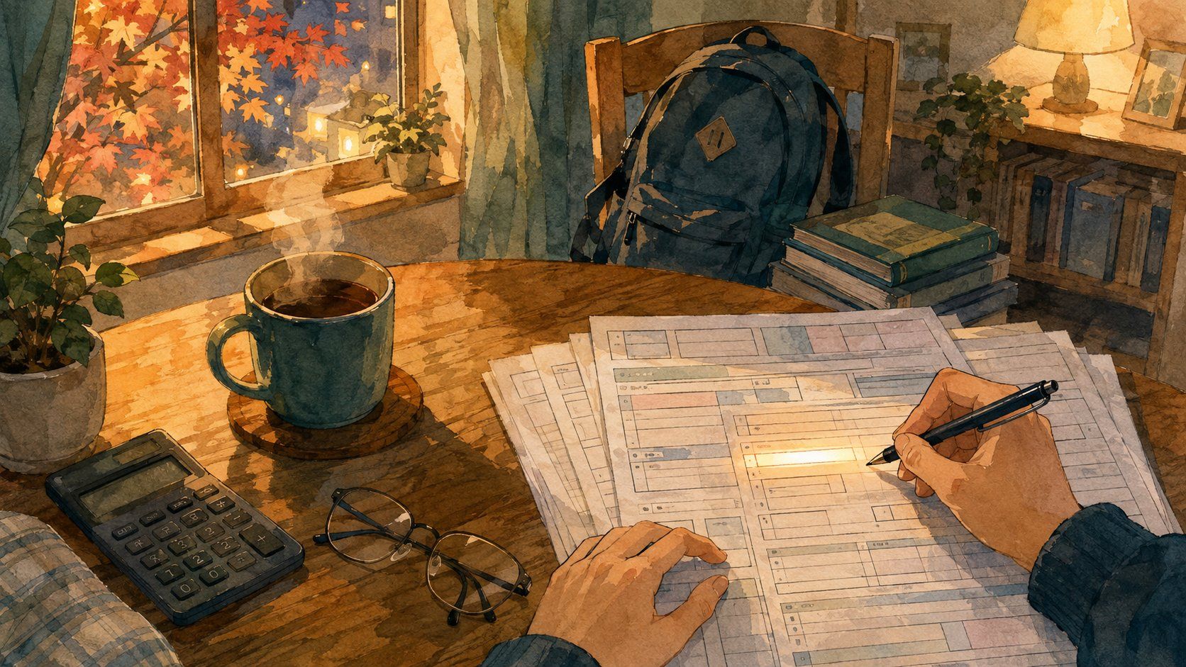 秋の夜、ダイニングテーブルで年末調整の申告書に記入する手元の水彩イラスト。書類の1つの記入欄が温かく光り、背景の椅子には大学生のリュックと本が置かれている