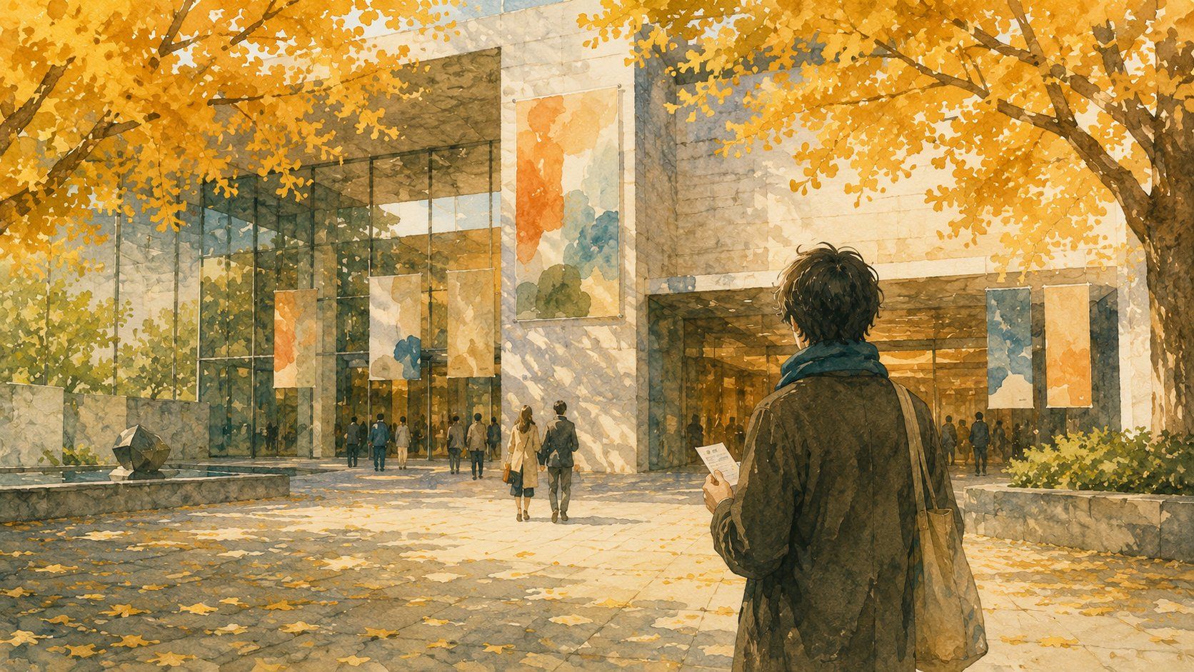 黄葉したイチョウ並木に囲まれた美術館のエントランス広場を描いた水彩イラスト。手前にはチケットを手にした後ろ姿の人物が立ち、ガラス張りのファサードに展覧会のバナーが並び、石畳には落ち葉が散っている